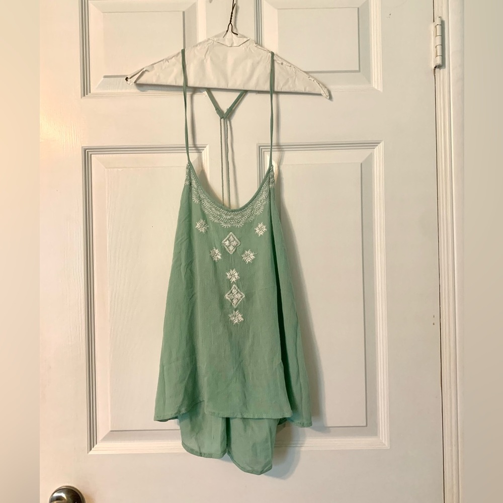 Passport Mint Green Floral Geometric Boho Tie-Back Tassel Tank Top Sz M